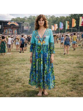 Positano by Jean Paul Maxi Dress L Blue Green Boho Lace Beading Tassels Tiered